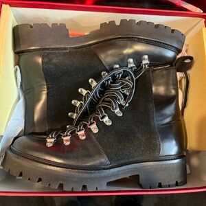 Grenson Black Combat Boots with Rugged Sole and Metal Eyelets